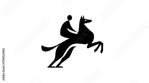 Minimalist black silhouette of a dynamic rider on a powerful rearing animal, abstract graphic design element, modern logo concept.