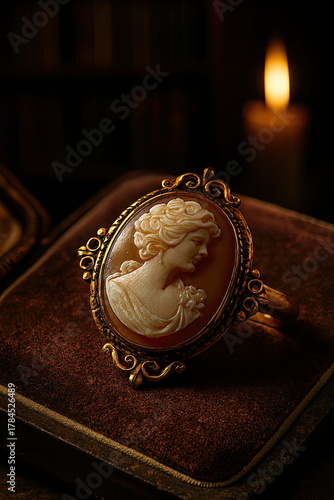 Victorian-era cameo brooch with carved shell portrait | antique gold frame with intricate detailing | high-resolution jewelry photography | soft diffused studio lighting | elegant vintage aesthetic | 