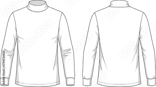 Turtleneck long sleeve shirt technical flat sketch, front and back view fashion vector template, winter clothing design CAD drawing illustration