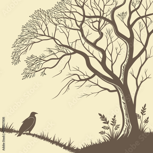 A crow perched on a grassy hill beneath a bare tree, its branches reaching towards the sky, creating a serene and natureinspired illustration