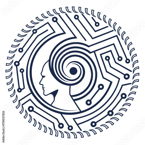 A stylized head profile merges with circuit board patterns, symbolizing artificial intelligence and technological advancement, a futuristic concept