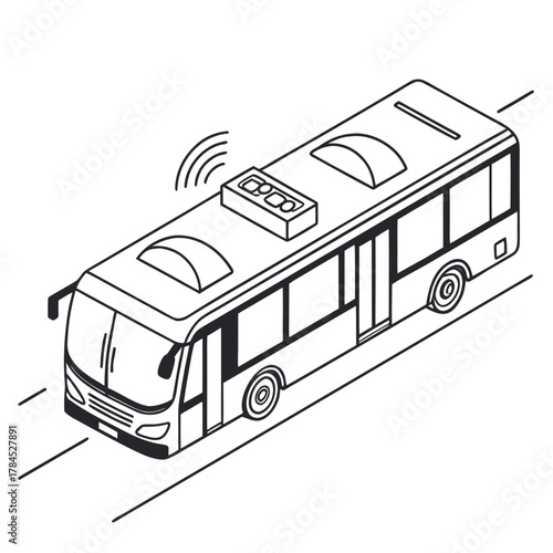 Isometric bus with lidar sensor on roof, driving on road, autonomous vehicle technology