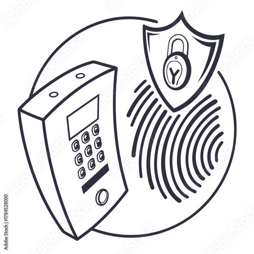 Illustration of a secure access control system with biometric fingerprint and digital keypad, ensuring safety and security