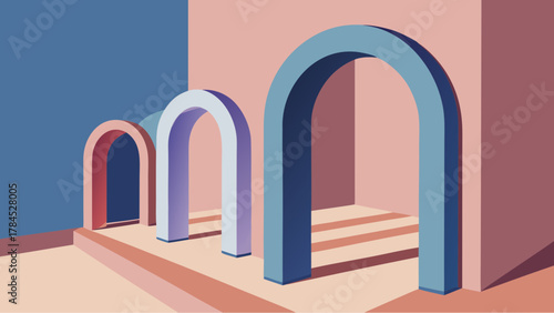 Minimalistic architectural scene with colorful arches and shadows in pastel tones of pink, blue, and purple in isometric perspective