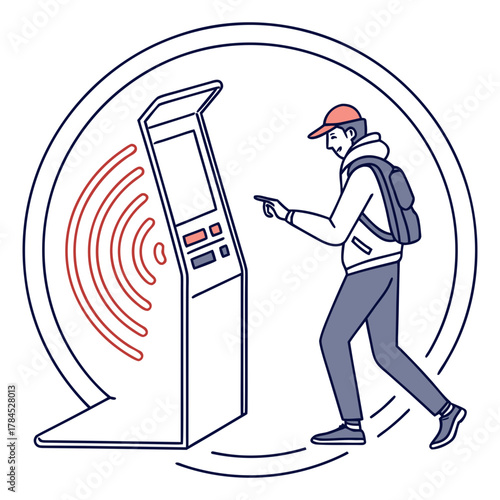 Illustration of a man using a smart kiosk with contactless payment, highlighting modern technology and convenience