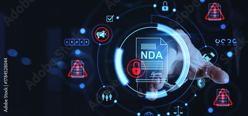 Non-disclosure agreement NDA concept with digital lock icons and cybersecurity symbols on futuristic interface background with finger touch interaction.