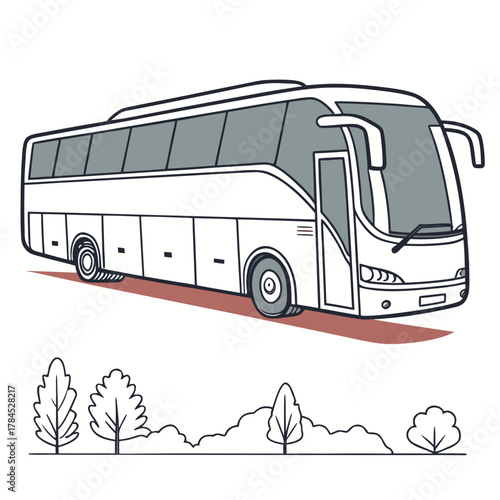 Illustration of a modern tour bus with trees in the background the bus is white with gray windows and a red shadow