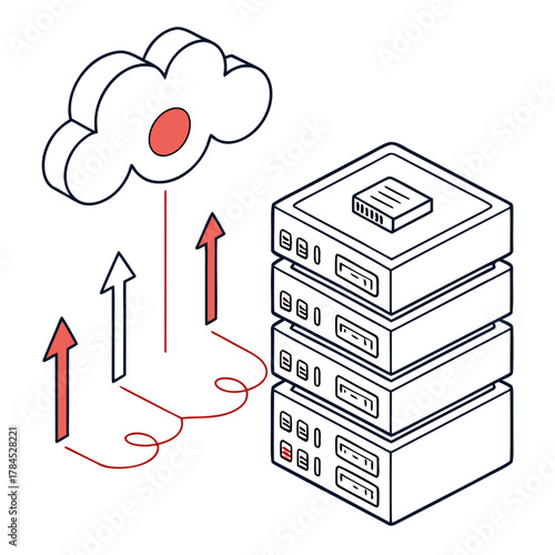 Illustration of cloud computing network with server data transfer and storage between devices in a modern style