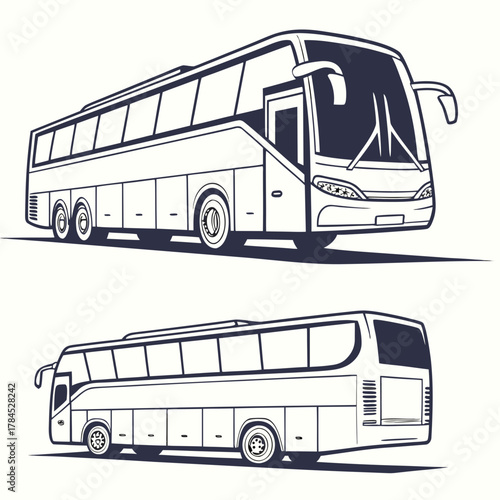 Two vector illustrations of a modern tour bus the bus is white with dark gray windows and a dark gray shadow
