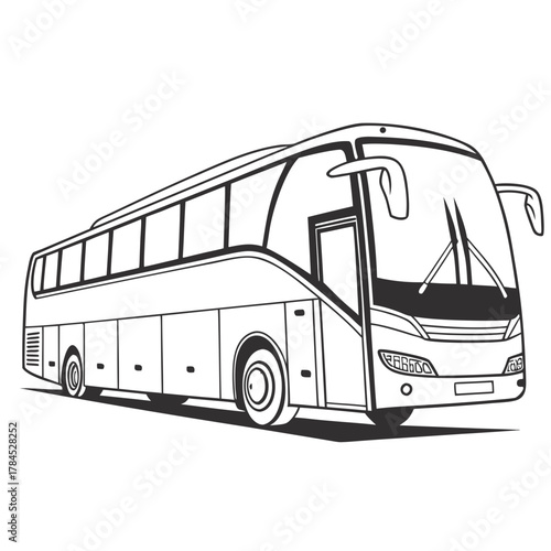 Detailed line art of a modern intercity bus, highlighting its sleek design and features for travel and transportation