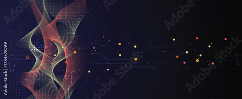 Circular network of microchips and synaptic connections abstract background