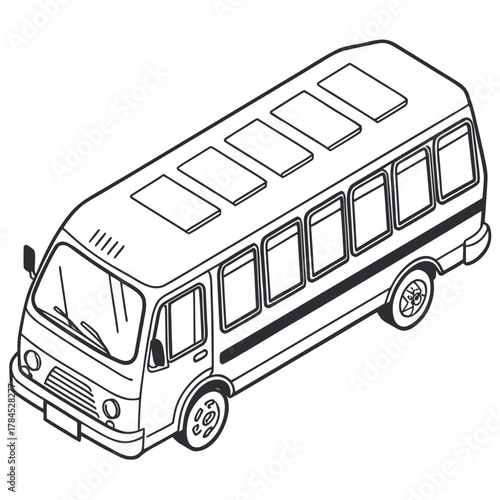 Isometric minibus illustration, showcasing a detailed line drawing of a compact passenger vehicle with a clean and simple design