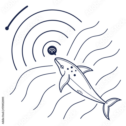A charming line art illustration showcases a dolphin using echolocation to navigate through the ocean, emitting sound waves to perceive its surroundings