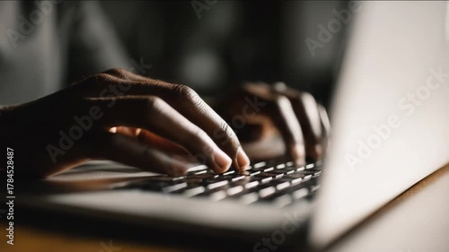 A person's hands are intently typing on a laptop, focused in dim lighting.