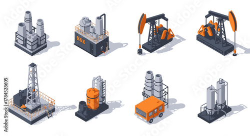 Isometric Oil and Gas Industry Icons Refinery Plants, Oil Rigs, and Manufacturing Facilities