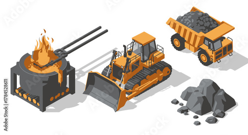 Isometric Set Molten Metal, Earth Mover, Dump Truck, & Raw Minerals – Industrial Resource Extraction
