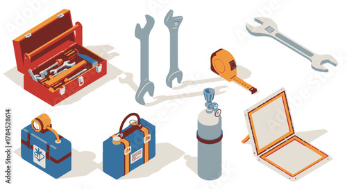 Isometric Tools and Equipment Illustration Wrenches, Toolboxes, and Repair Gear