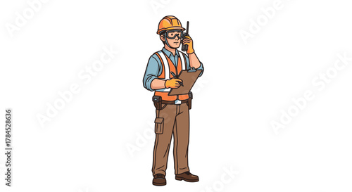 Construction Worker Communicating with Walkie Talkie in Safety Gear, A Vector Illustration