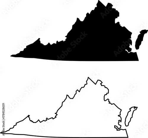 Black and white silhouette map of Virginia state outline, simple vector illustration showing borders for geography, education, travel, or graphic design use.
