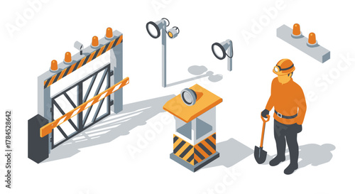 Isometric Security Guard Station with Barrier Gate, Lights, and Attendant Illustration
