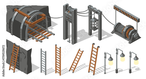 Isometric Mining Tools and Equipment Gears, Winch, Tunnel, Lamps and Ladders
