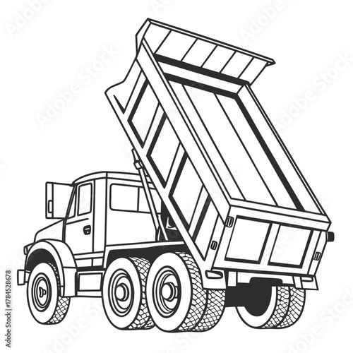 Illustration of a dump truck with its bed raised, the truck is drawn in a simple, clean style with bold lines and minimal detail