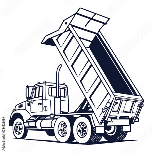 Vector illustration of a dump truck with its bed raised, , showcasing the mechanics and design of heavy construction vehicles
