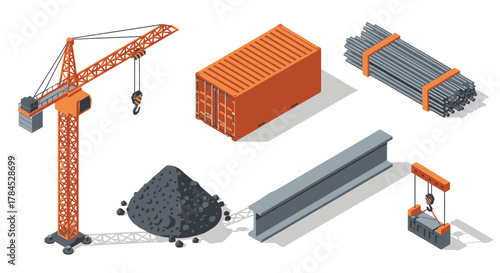 Isometric Construction Set Crane, Container, Steel, and Concrete Elements for Building Projects