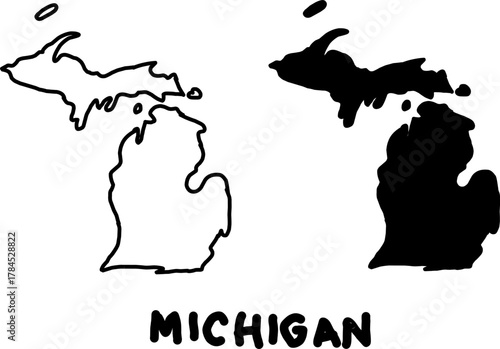 Minimalist outline and solid silhouette of Michigan’s Upper and Lower Peninsulas, perfect for maps, education, travel designs, and geographic illustrations