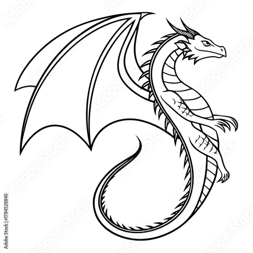 Majestic dragon illustration with detailed wings and scales, embodying power and mystique with a serpentine form