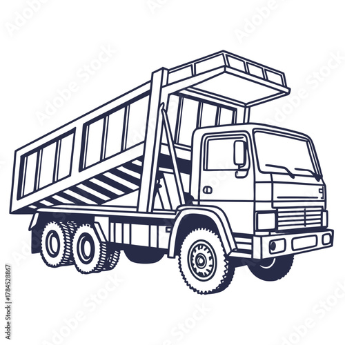 Illustration of a dump truck, a heavyduty vehicle used for transporting loose materials such as sand, gravel, or dirt