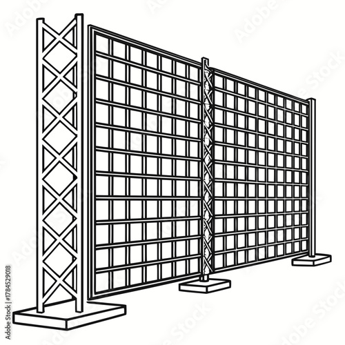 Illustration of a metal grid fence, , representing security, protection, and boundary, commonly used in construction and public spaces