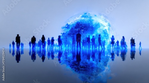 A futuristic silhouette of people stands before a glowing blue globe, reflecting a digital world and connections.