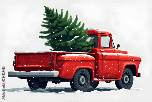 red truck with pine tree