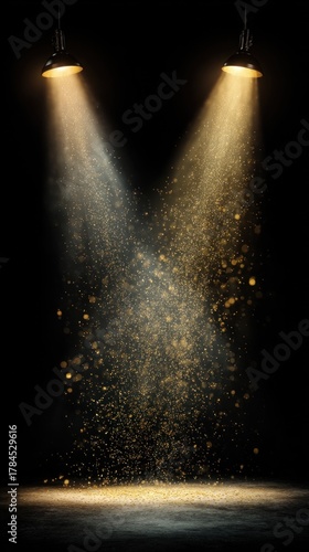 Wallpaper Mural A dramatic scene with two spotlight beams illuminating golden particles against a dark background, creating an enchanting and mystical atmosphere. Torontodigital.ca