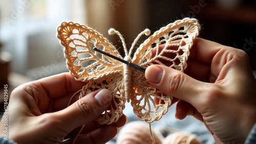 Delicate crocheted butterfly in hands, close-up creative process with crochet hook and yarn.