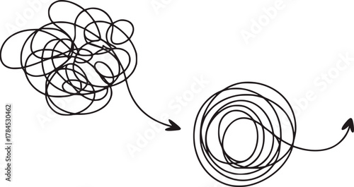 Tangled lines transforming into ordered circles black