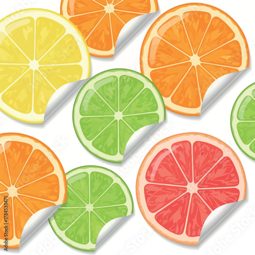 Vector seamless pattern of colorful citrus fruit slice stickers featuring lemon, lime, orange, and grapefruit on a white background