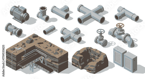 Isometric industrial pipeline parts, tanks and electrical motor illustration