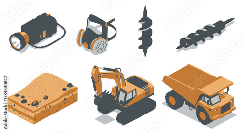 Isometric mining equipment set illustration featuring excavator, dumper truck, and safety gear