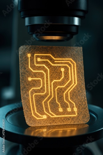 Close-up of a microchip under a microscope showcasing intricate glowing circuits.