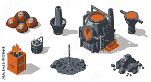 Isometric Industrial Foundry and Raw Materials Illustration