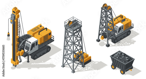 Mining Industry Equipment Vector Illustration of Machines and Structures