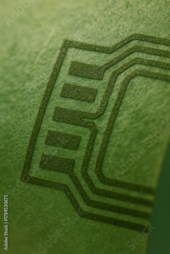 A close-up of a green circuit board pattern on a surface with slight texture.