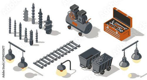 Mining Equipment Collection Isometric Style Illustrations