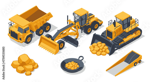 Heavy Mining Equipment Illustration Dump Truck, Grader & Bulldozer