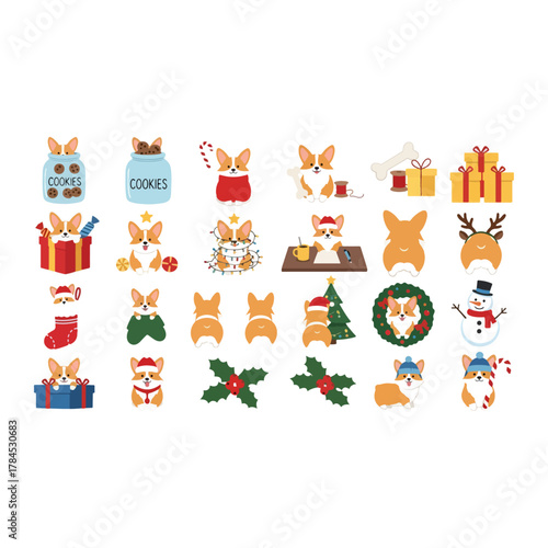 Sweet Corgi dogs enjoying festive Christmas and winter activities, lovable holiday pet illustrations