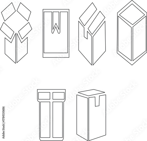 Boxes icon set. Cardboard box icon set. Shipping package and parcel line art collection. Open and closed delivery boxes. Empty cargo package symbol for shipping or delivery service.