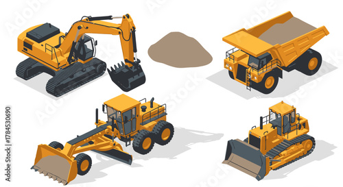 Isometric Construction Vehicles Illustration of Heavy Machinery for Building and Excavation