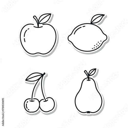 A collection of outlined fruit stickers featuring an apple, lemon, pear, and cherries in a minimalist black and white design